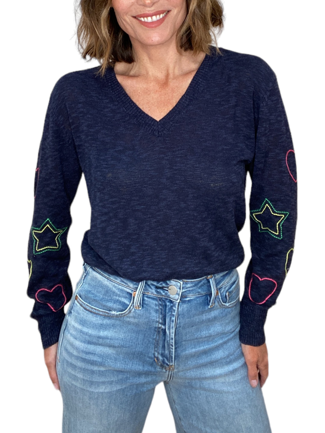 V-NECK STAR SWEATER-NAVY - Kingfisher Road - Online Boutique