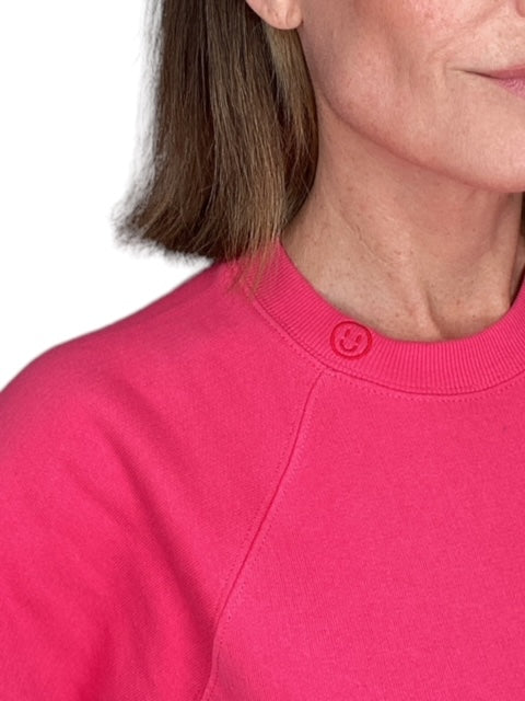 CREW NECK SWEATSHIRT W/ EMBROIDERED SMILEY FACE-HOT PINK - Kingfisher Road - Online Boutique