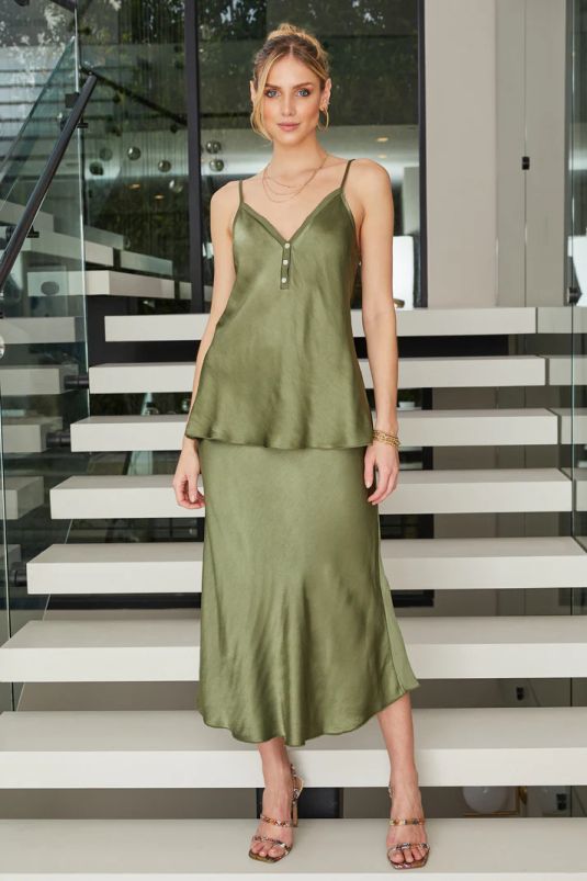SILKY SLIP SKIRT WITH LACE ELASTIC WAISTBAND-ARMY GREEN - Kingfisher Road - Online Boutique