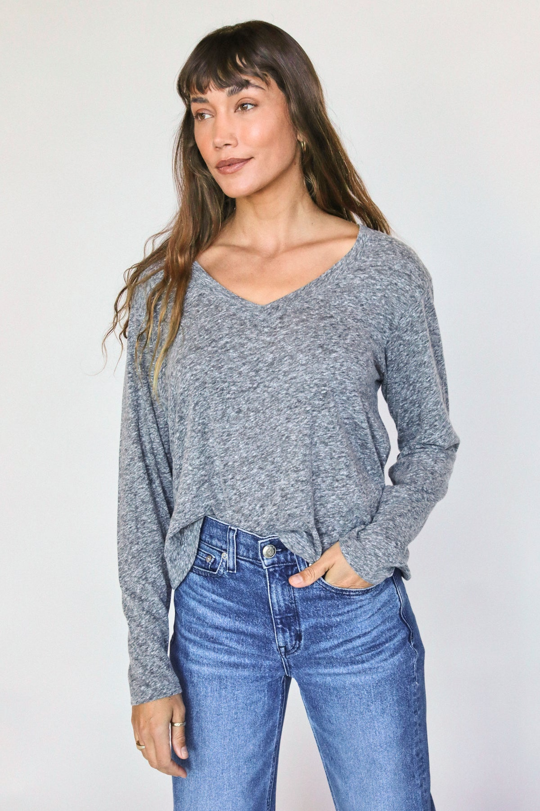 JIMI LONG SLEEVE V-NECK TEE-HEATHER GREY - Kingfisher Road - Online Boutique