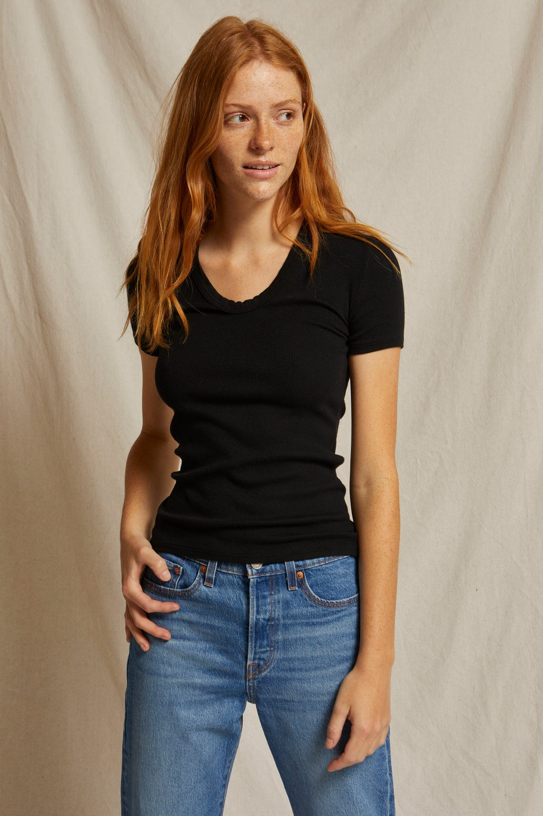 AVRIL RIBBED U-NECK TEE-TRUE BLACK - Kingfisher Road - Online Boutique