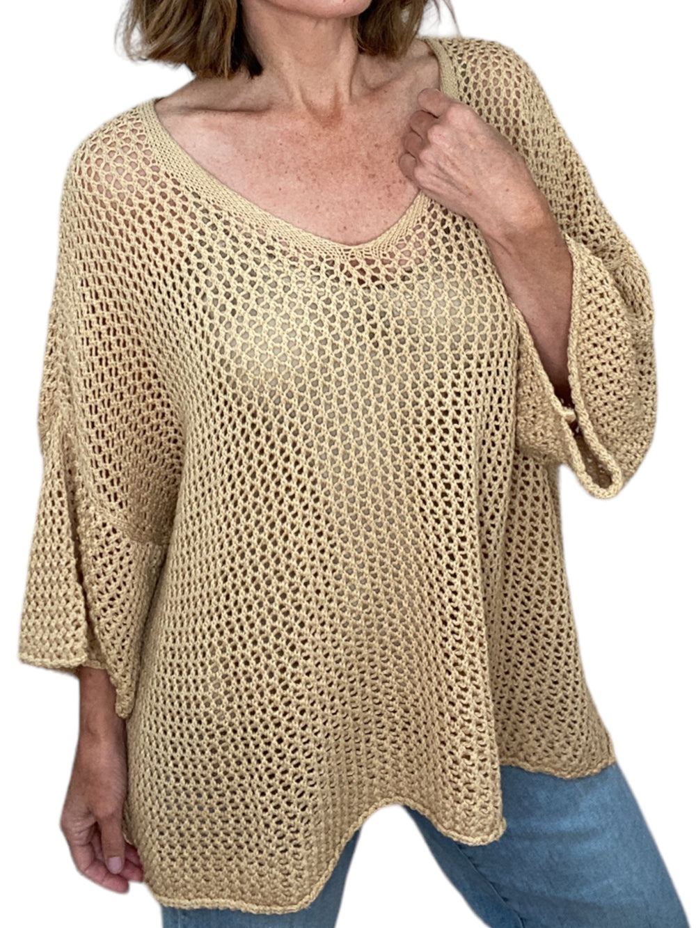 LONG SLEEVE COTTON CROCHET V-NECK TUNIC-CAMEL - Kingfisher Road - Online Boutique