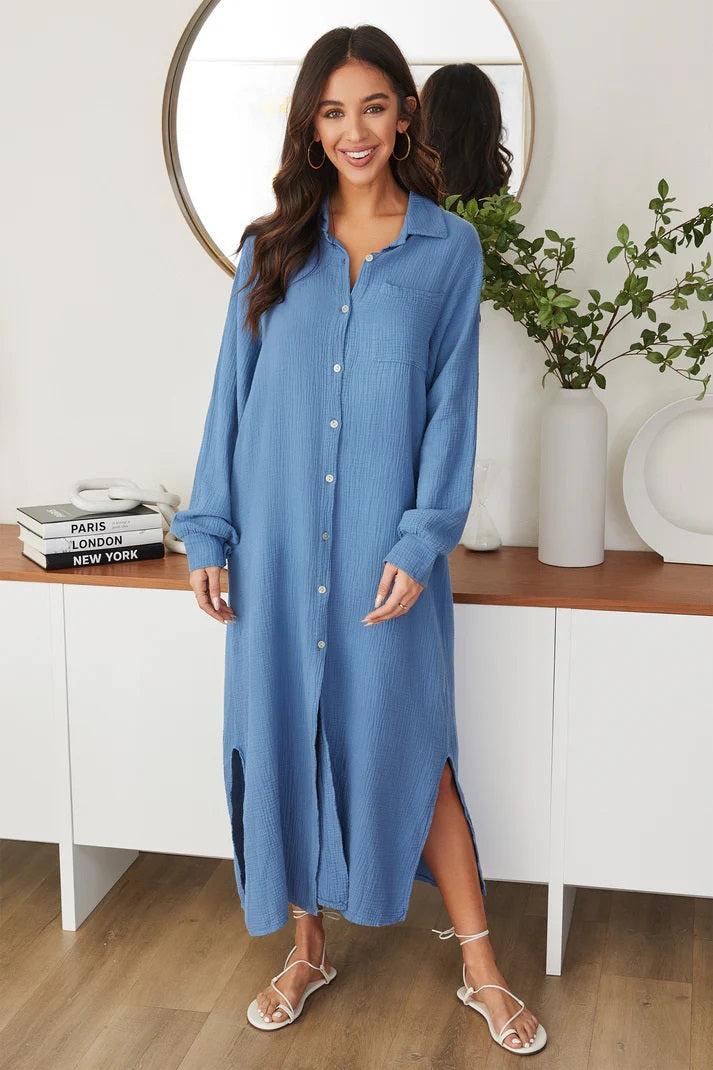 LONG SLEEVE BUTTON DOWN GAUZE MAXI DRESS DENIM BLUE Kingfisher Road Online Boutique