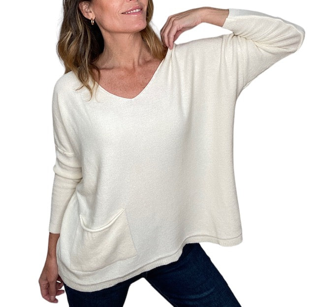 LOUISE POCKET DETAIL SOFT KNIT SWEATER-CREAM - Kingfisher Road - Online Boutique