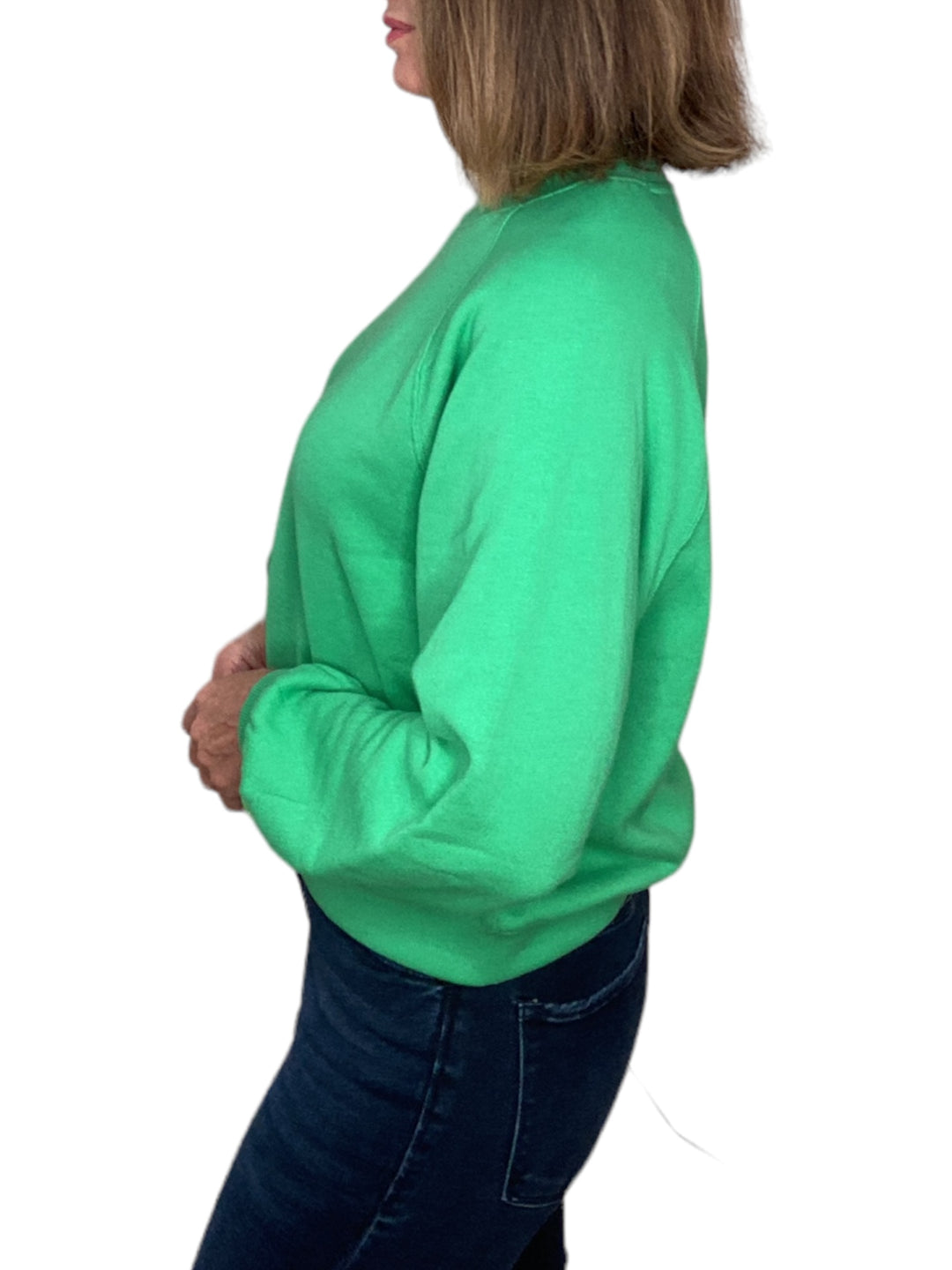 CREW NECK SWEATSHIRT W/ EMBROIDERED SMILEY FACE-GREEN - Kingfisher Road - Online Boutique