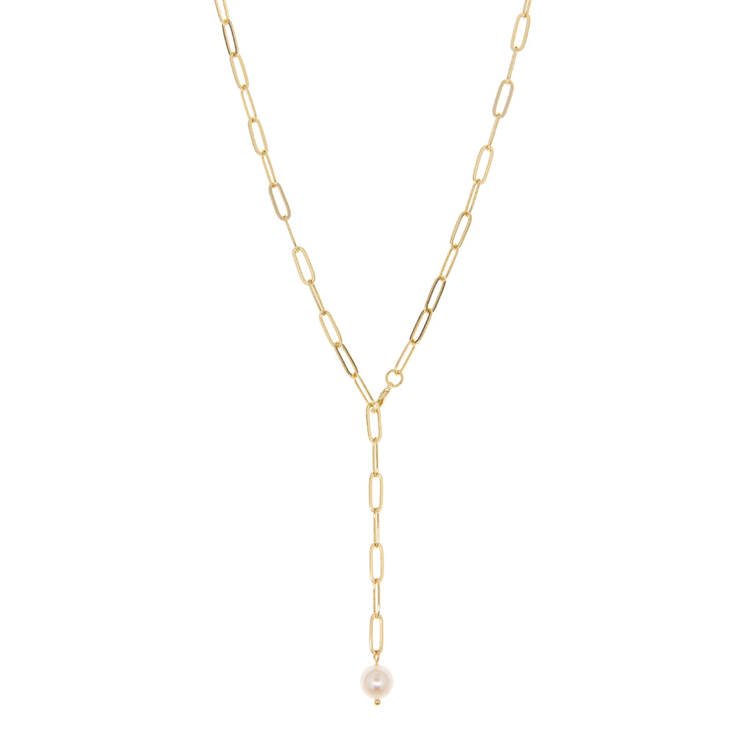 PAPERCLIP Y NECKLACE WITH BALL-GOLD/PEARL - Kingfisher Road - Online Boutique