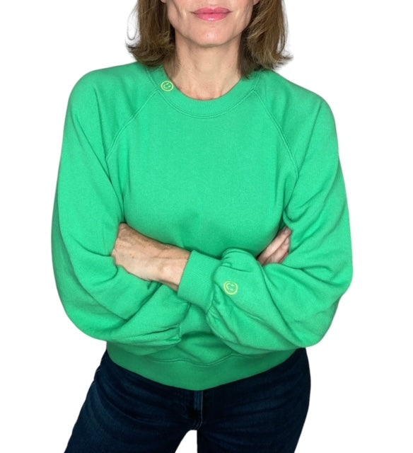 CREW NECK SWEATSHIRT W/ EMBROIDERED SMILEY FACE-GREEN - Kingfisher Road - Online Boutique