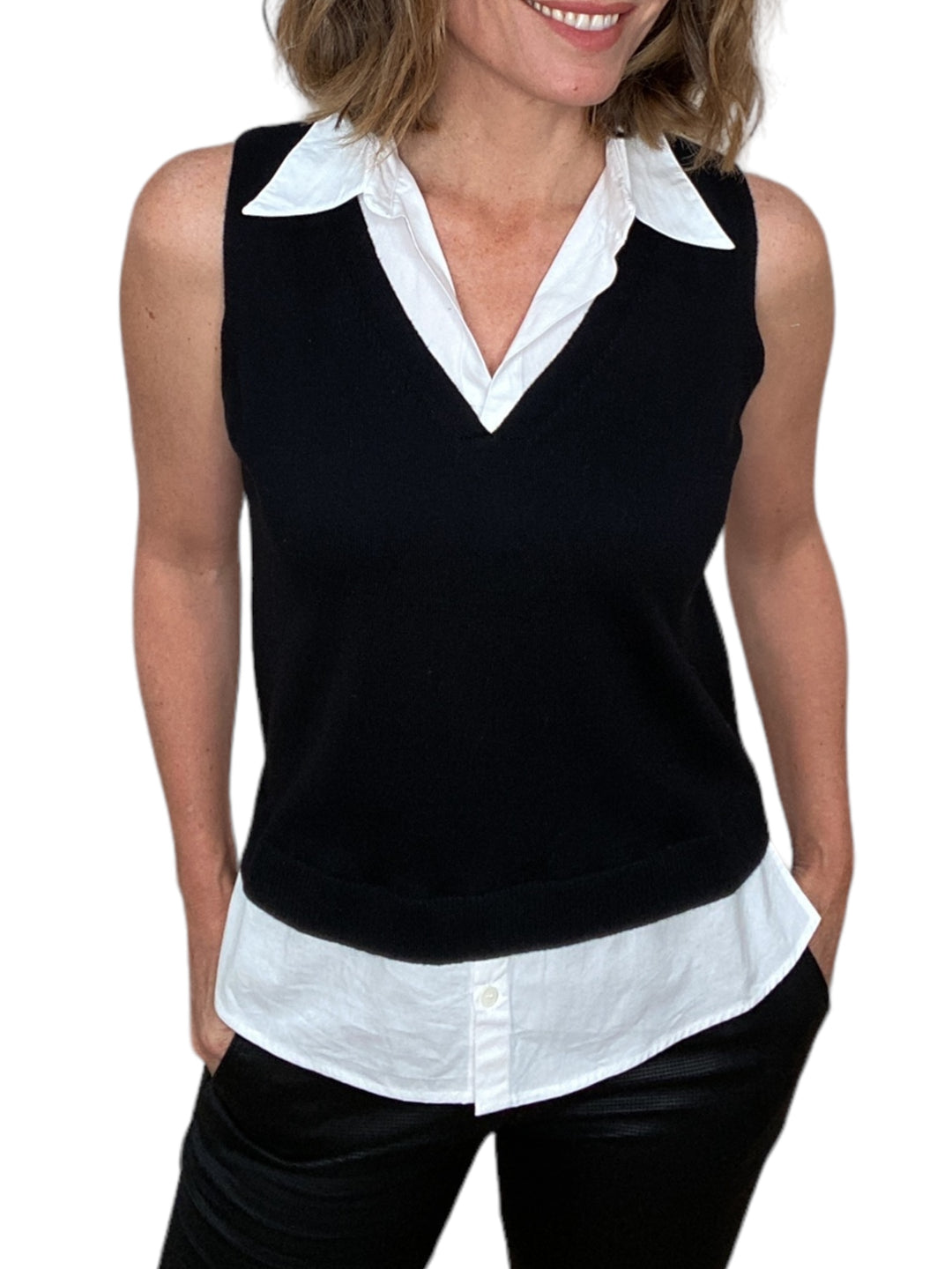V-NECK LAYERED SWEATER-BLACK - Kingfisher Road - Online Boutique