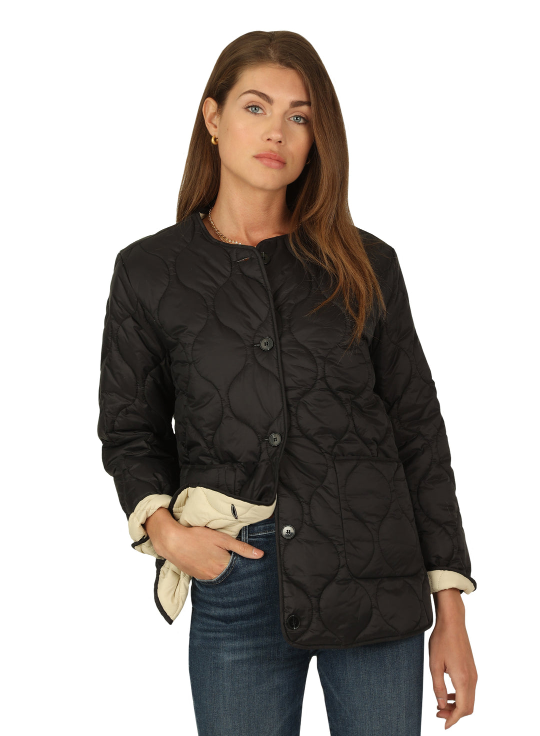COLLARLESS QUILTED JACKET - BLACK/WHITE - Kingfisher Road - Online Boutique