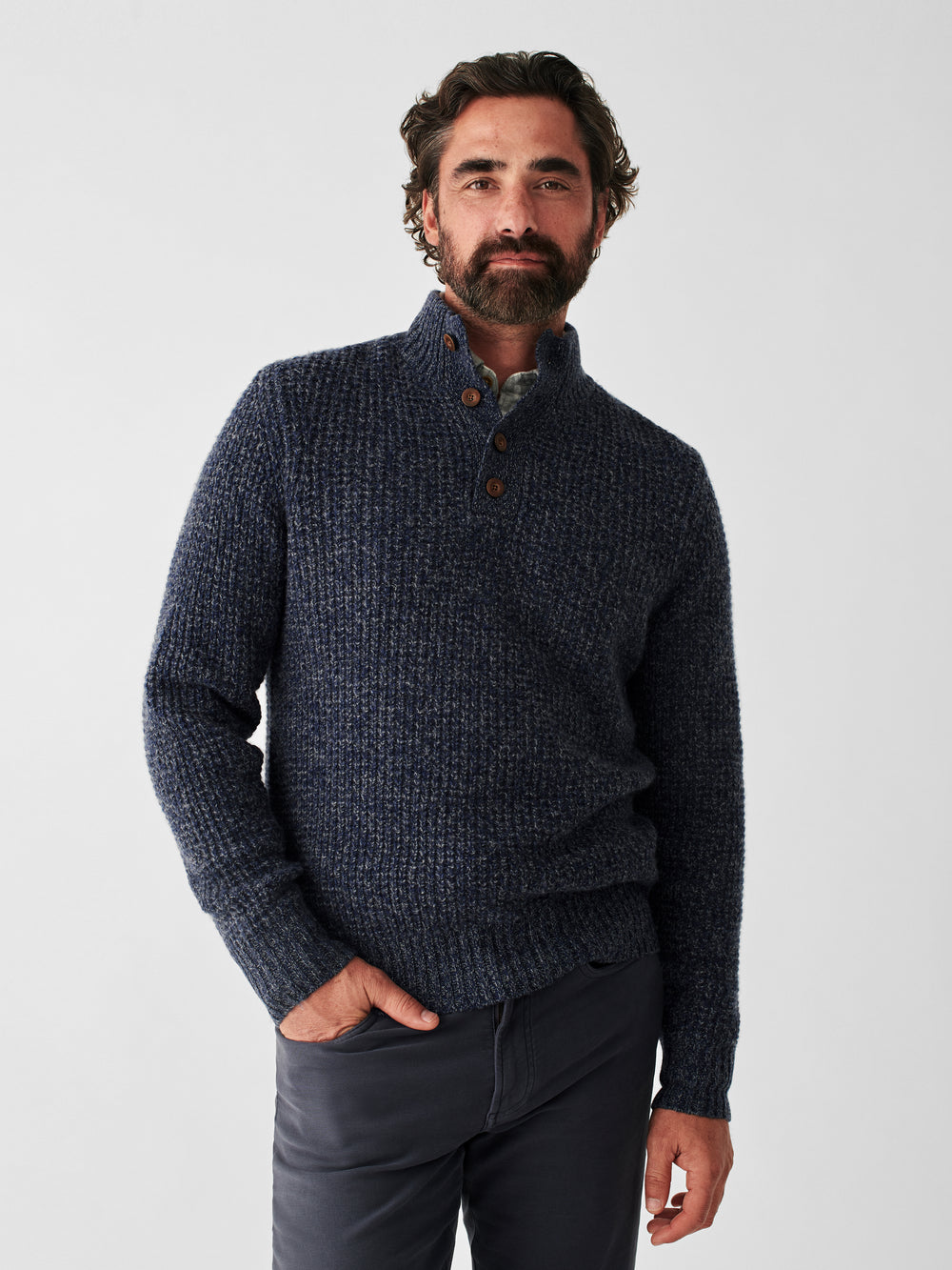 Cashmere Wool Quarter Button Sweater - Denim Melange