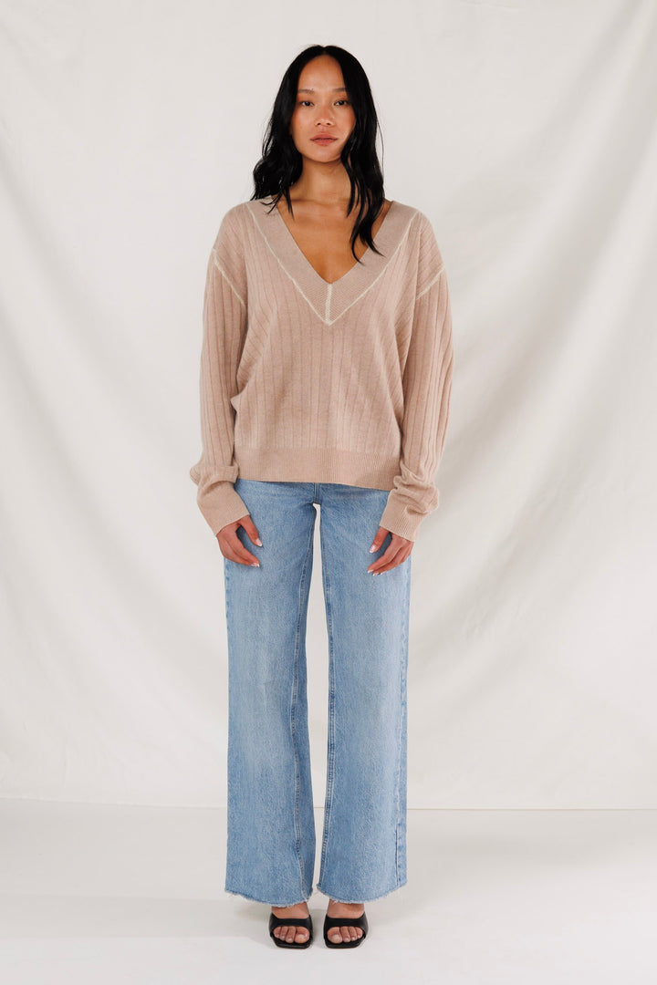 DISTRESSED GIA DEEP V - TOASTED ALMOND - Kingfisher Road - Online Boutique