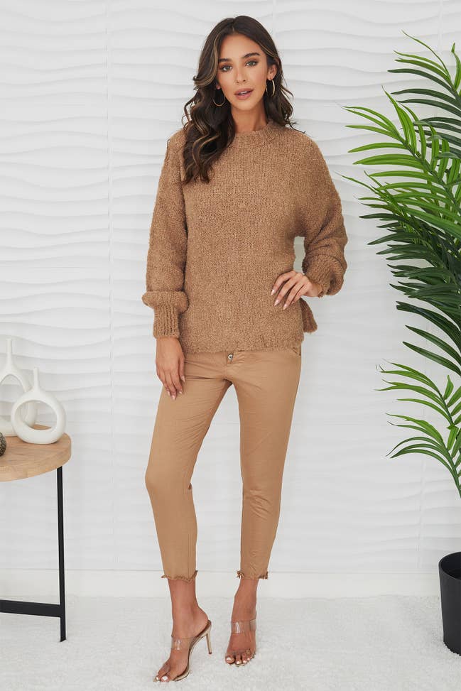 BOUCLE KNIT CREWNECK SWEATER-CAMEL - Kingfisher Road - Online Boutique