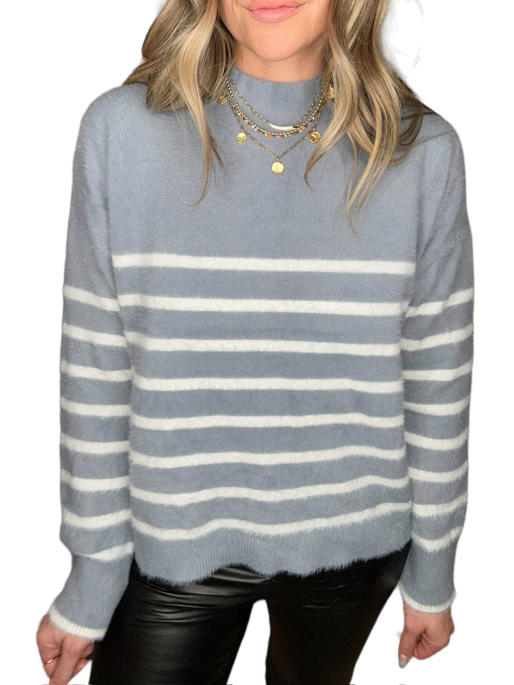 STRIPED MOCK NECK SWEATER-STERLING - Kingfisher Road - Online Boutique