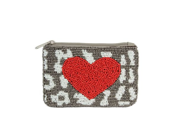 BEADED COIN PURSE-GREY CHEETAH PRINT W/ RED HEART - Kingfisher Road - Online Boutique