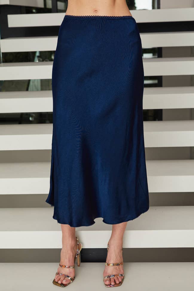 SILKY SLIP SKIRT WITH LACE ELASTIC WAISTBAND-NAVY BLUE - Kingfisher Road - Online Boutique
