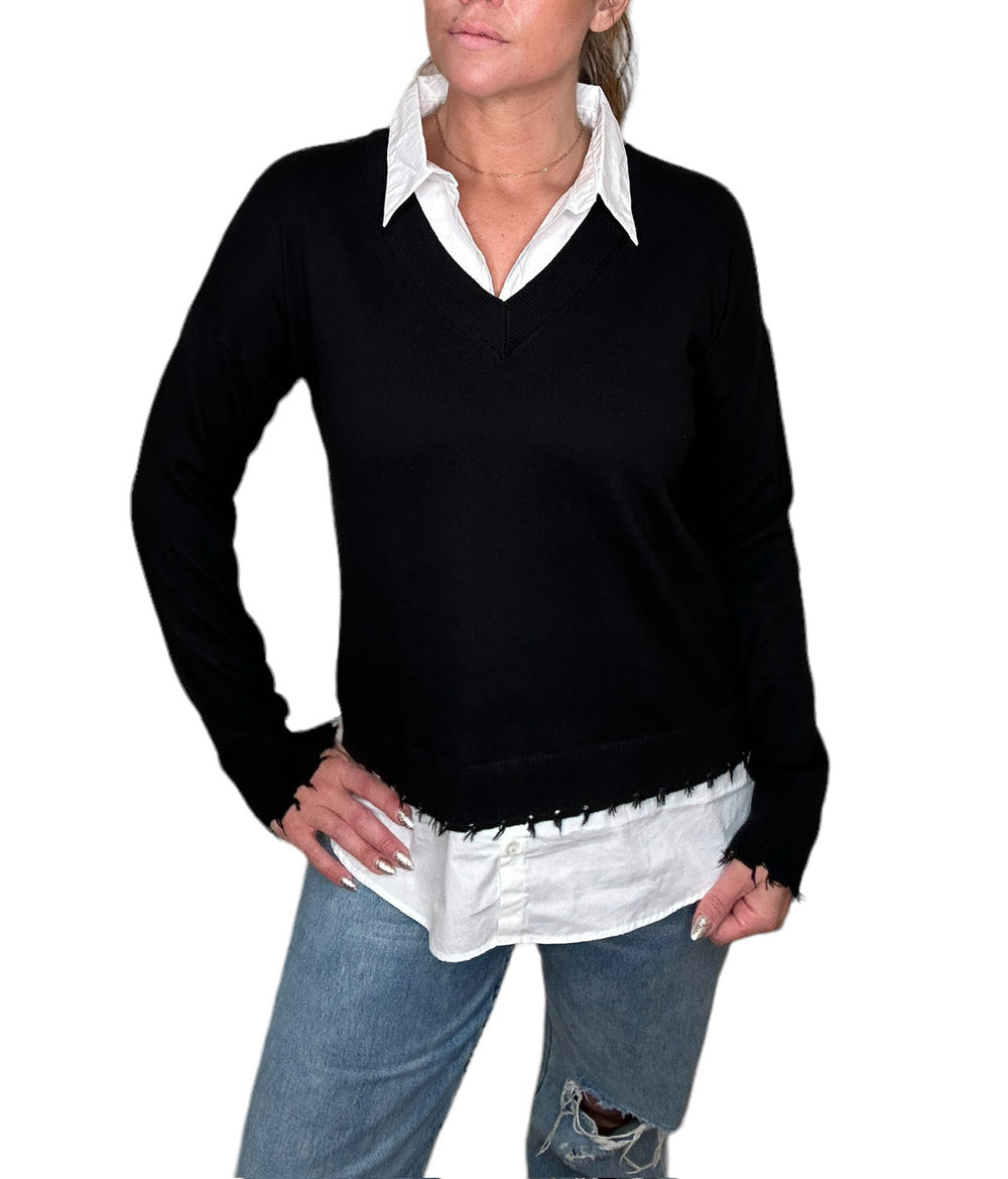 LAYERED V-NECK SWEATER - BLACK - Kingfisher Road - Online Boutique