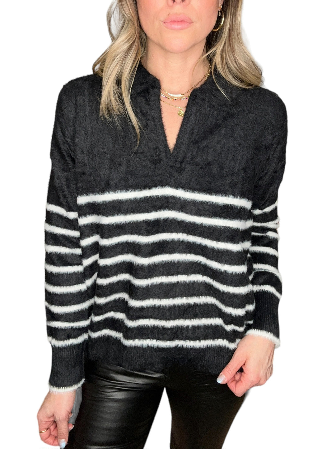 STRIPE COLLARED SWEATER-BLACK - Kingfisher Road - Online Boutique