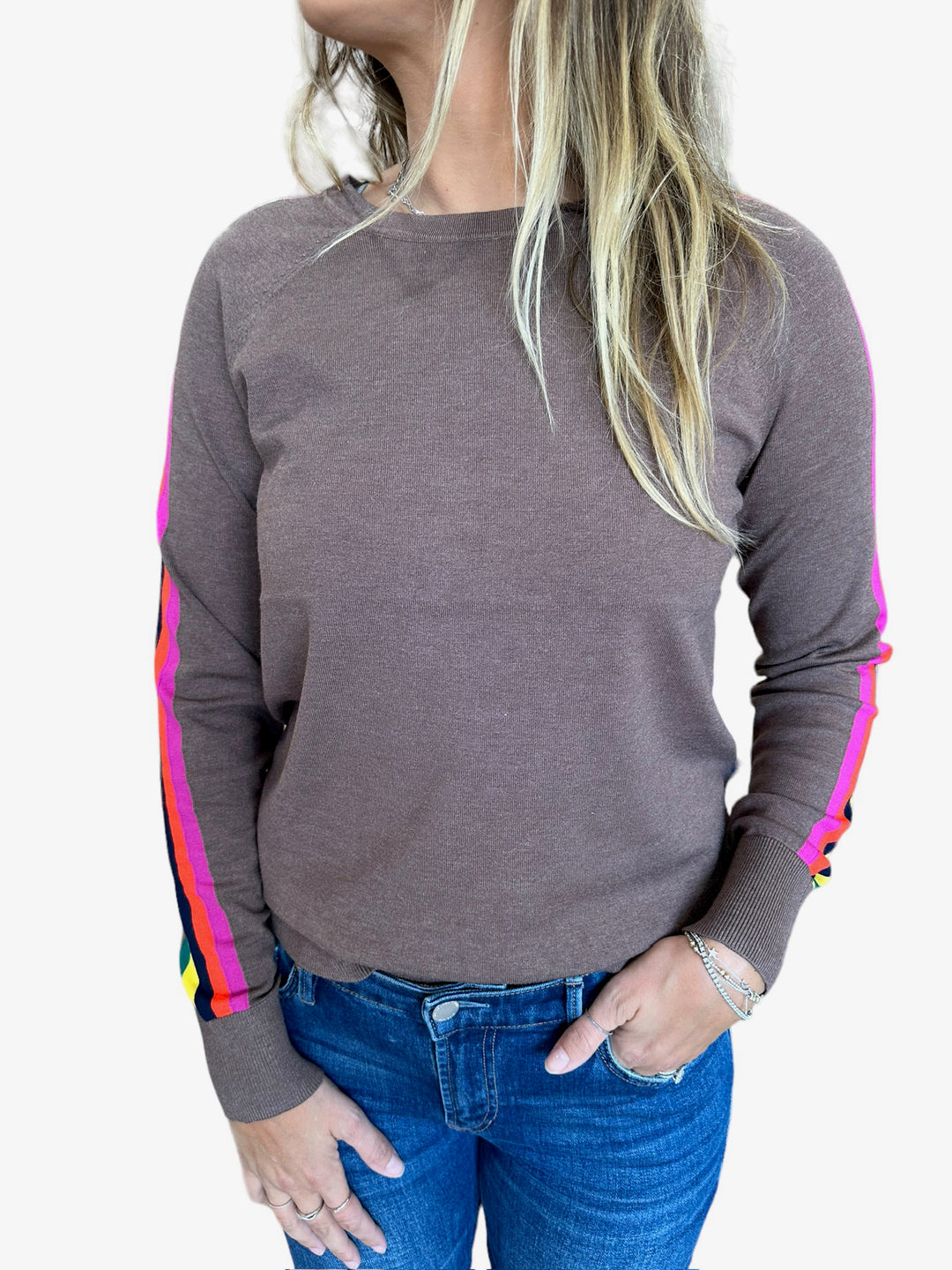 STRIPED SLEEVE CREW NECK SWEATER - COCOA - Kingfisher Road - Online Boutique