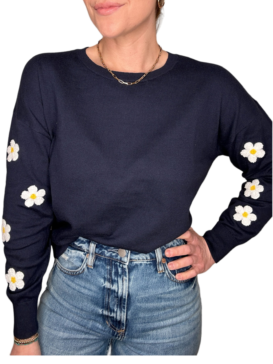 FLOWER SLEEVE SWEATER - NAVY - Kingfisher Road - Online Boutique