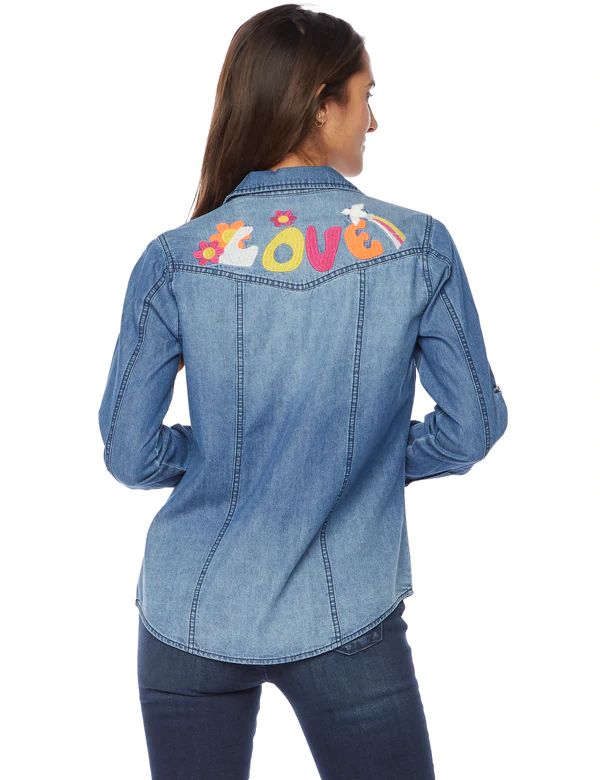 PEACE & LOVE EMBROIDERED DENIM SHIRT - Kingfisher Road - Online Boutique