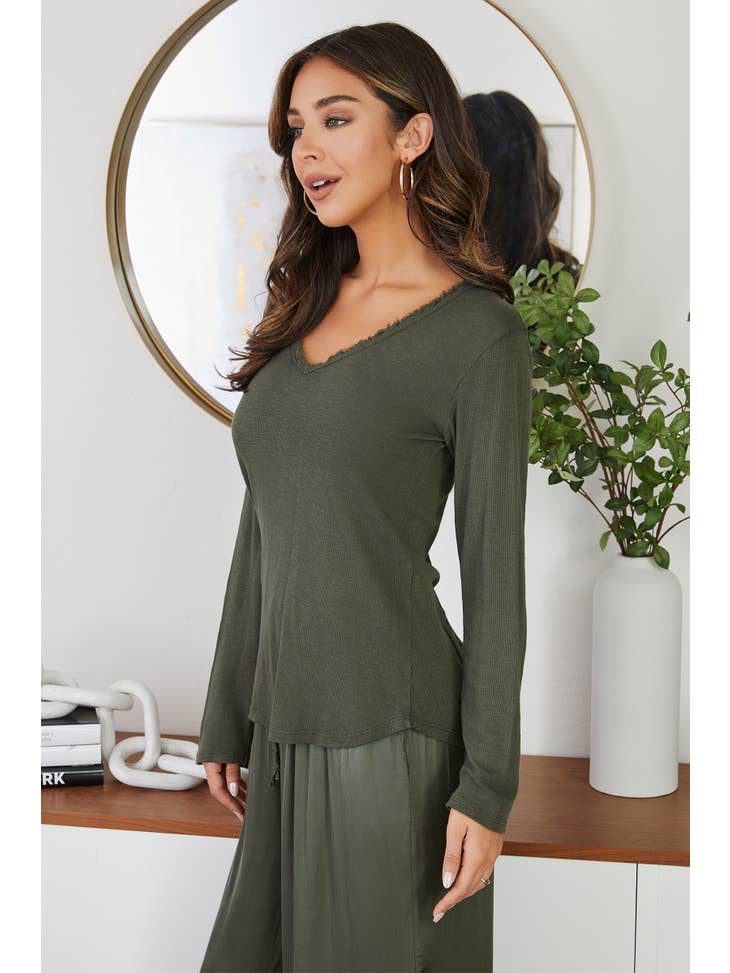 DISTRESSED V-NECK COTTON L/S TOP-ARMY GREEN - Kingfisher Road - Online Boutique