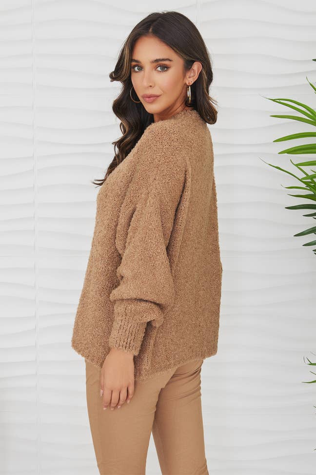 BOUCLE KNIT CREWNECK SWEATER-CAMEL - Kingfisher Road - Online Boutique