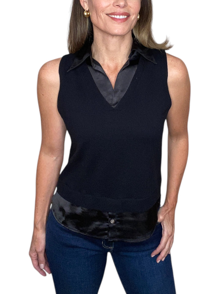 SWEATER VEST W/ SATIN SHIRTING-BLACK