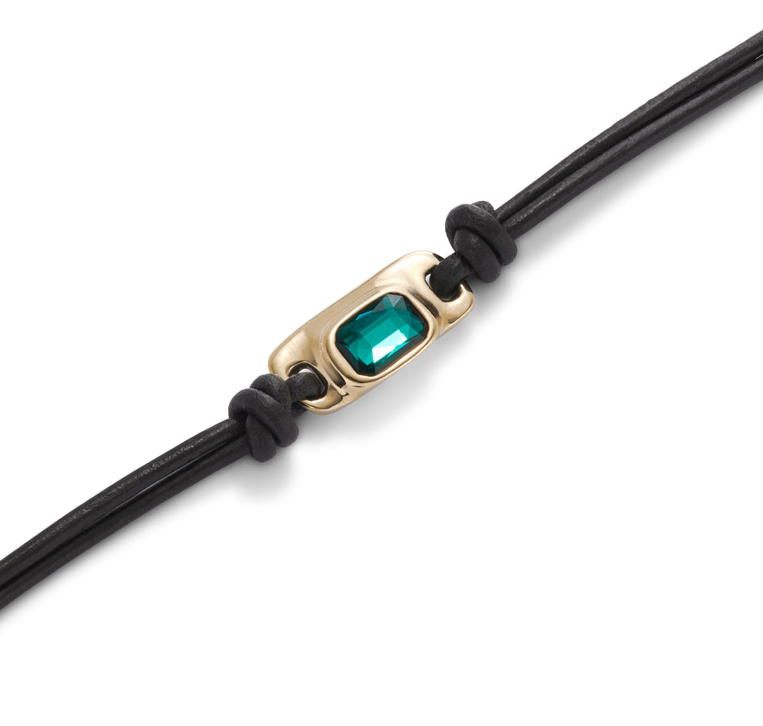 LEATHER BRACELET WITH GREEN CRYSTAL-GOLD