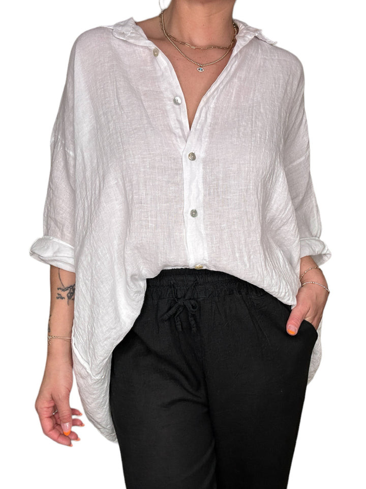 LINEN BUTTON FRONT TUNIC-WHITE - Kingfisher Road - Online Boutique