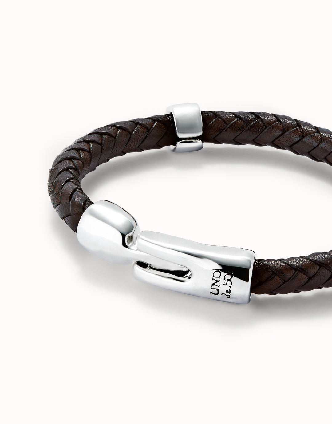 BRAIDED LEATHER BROWN BRACELET WITH RONDELLES-SILVER