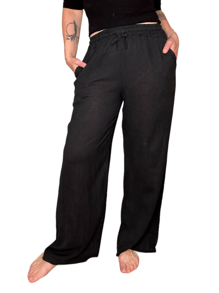 LINEN DRAWSTRING PALAZZO PANT-BLACK - Kingfisher Road - Online Boutique