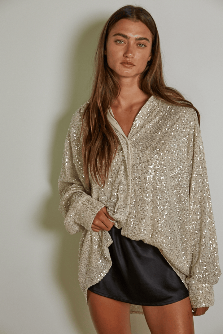 LONG SLEEVE SEQUIN TUNIC SHIRT-GOLD SILVER