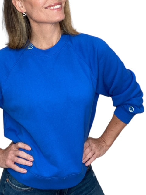 CREW NECK SWEATSHIRT W/ EMBROIDERED SMILEY FACE-ROYAL - Kingfisher Road - Online Boutique