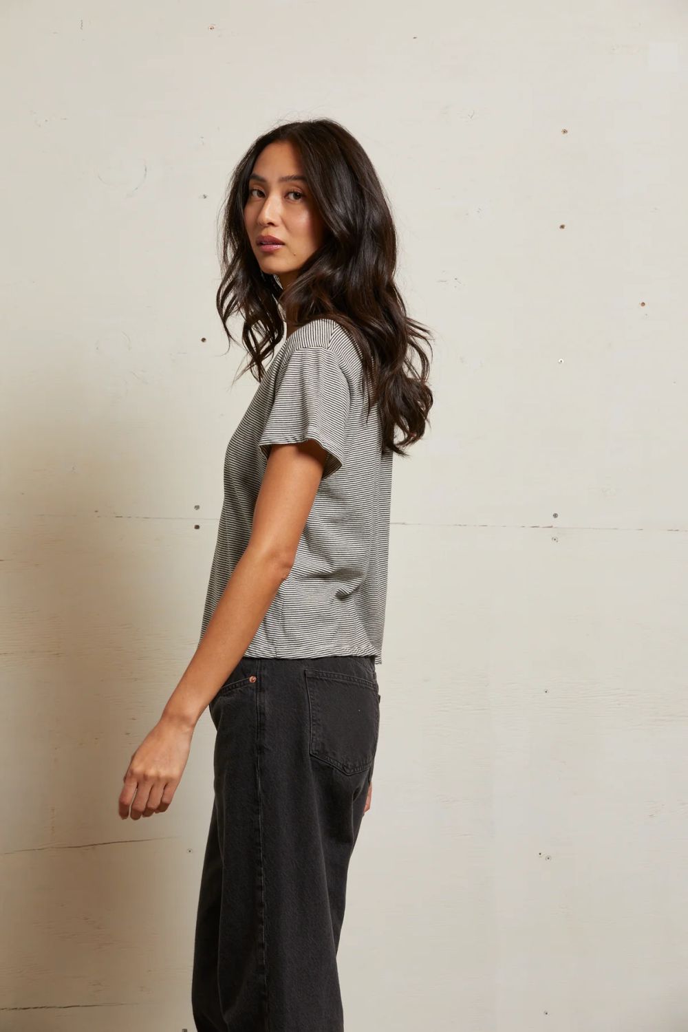 HENDRIX STRIPE V-NECK TEE-IVORY BLACK STRIPE - Kingfisher Road - Online Boutique