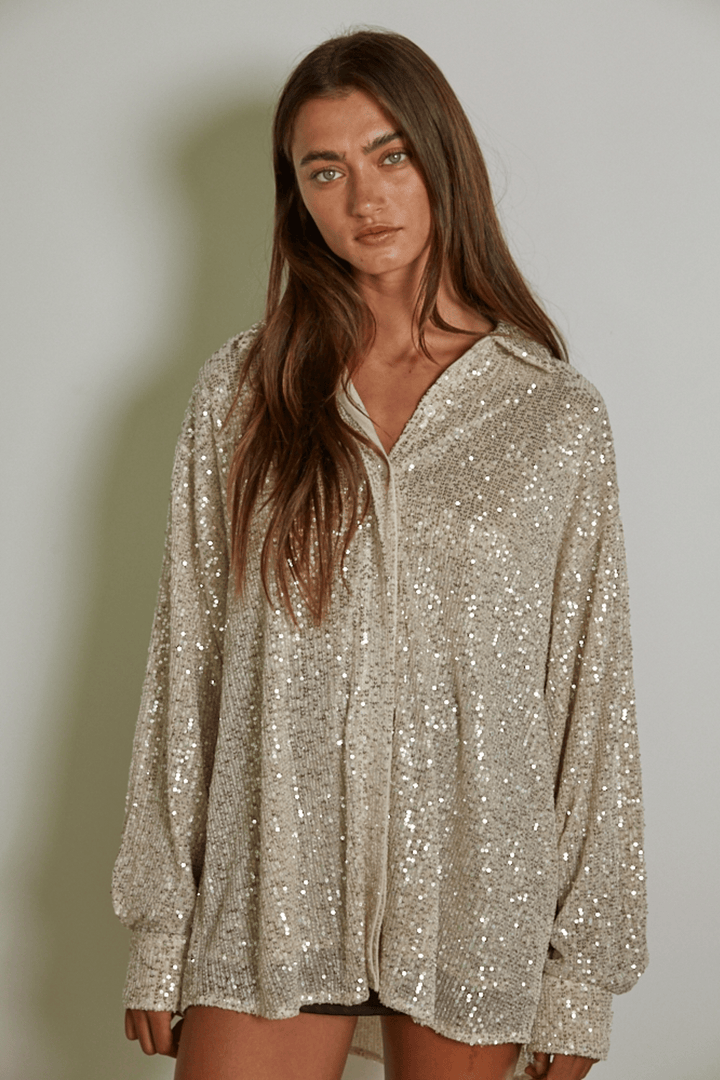 LONG SLEEVE SEQUIN TUNIC SHIRT-GOLD SILVER