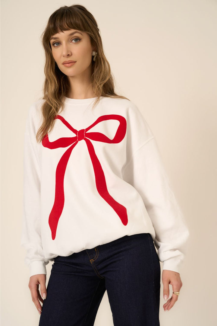 FLOCKED BOW SWEATSHIRT-WHITE