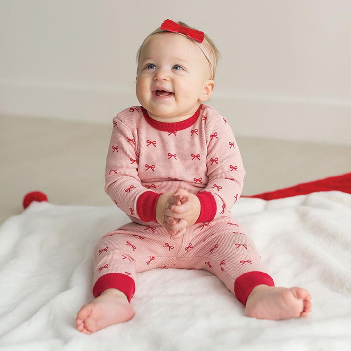 WAFFLE KNIT PJ SET-RED BOWS 6-12 MONTHS