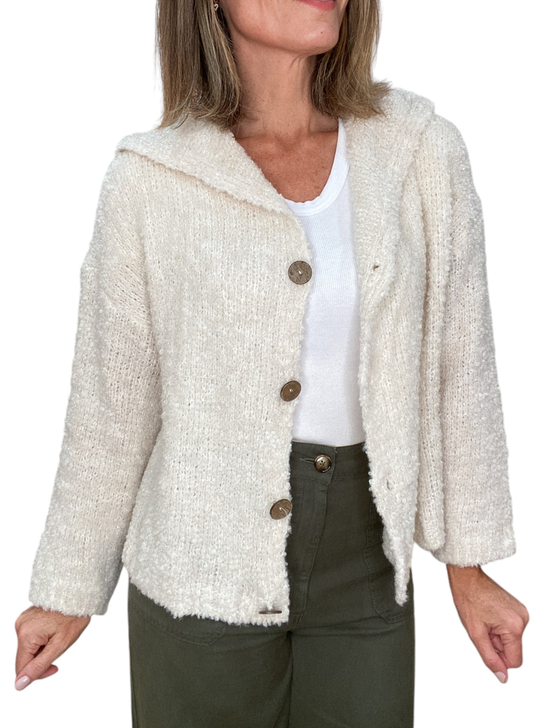 L/S BOUCLE HOODED CARDIGAN WITH BUTTONS-OATMEAL