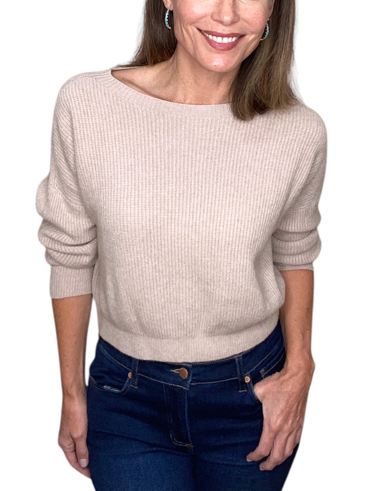 KNIT CREW NECK LONG SLEEVE CROP SWEATER-EARTH BEIGE