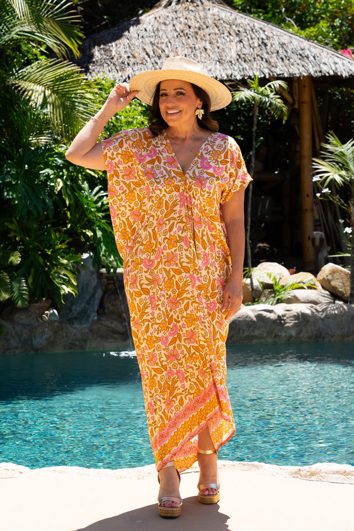 LONG CAFTAN DRESS-BEACH BLOSSOM - Kingfisher Road - Online Boutique