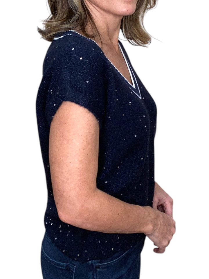 SEQUIN V-NECK VEST-NAVY