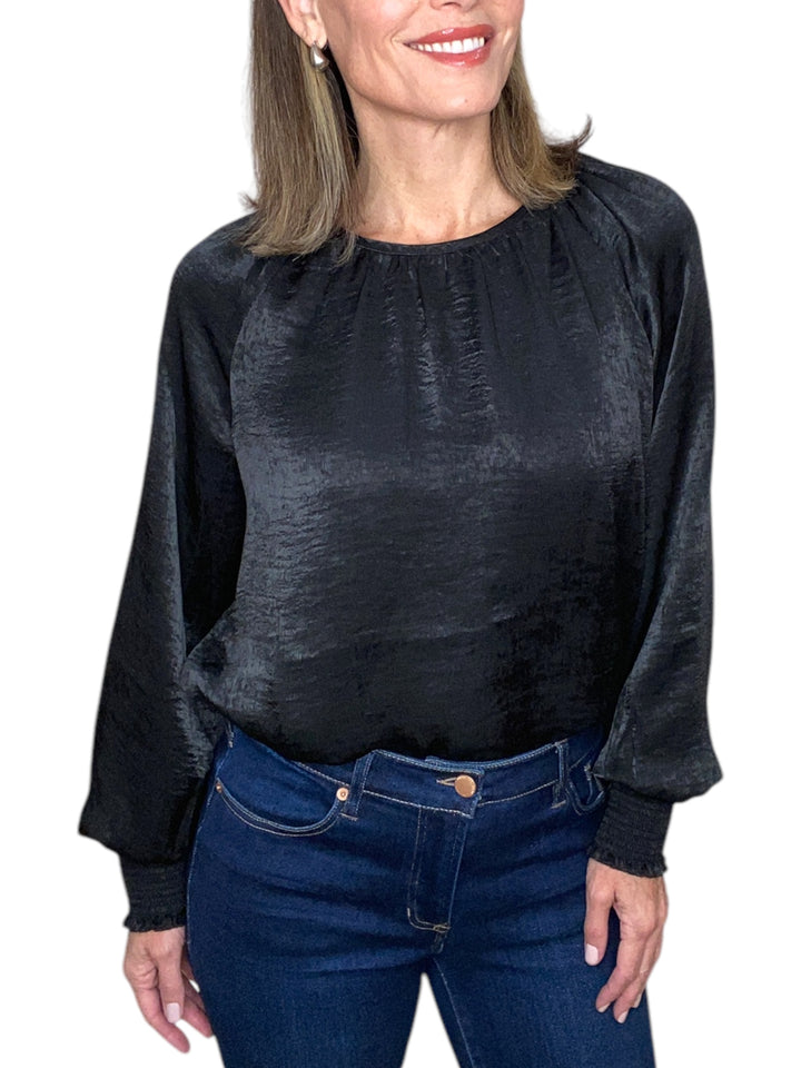 FABI SMOCKED SLEEVE TOP-BLACK