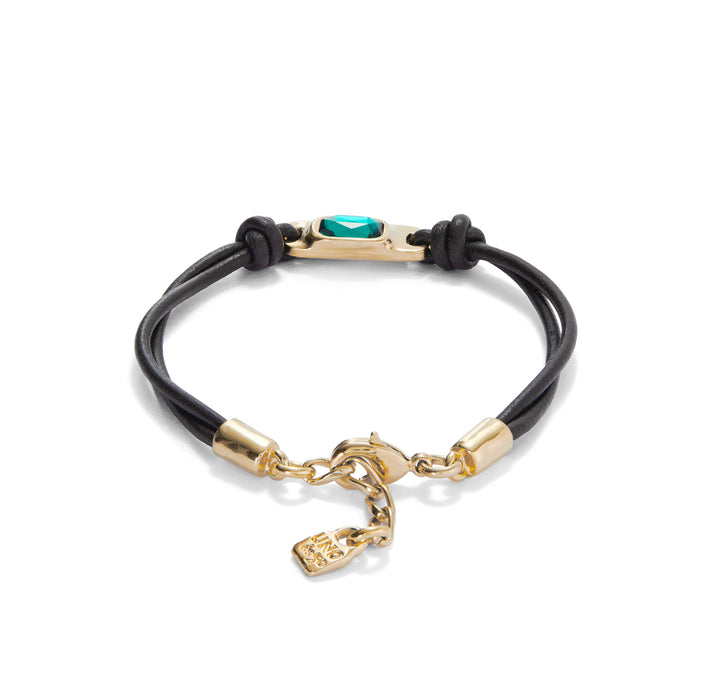 LEATHER BRACELET WITH GREEN CRYSTAL-GOLD