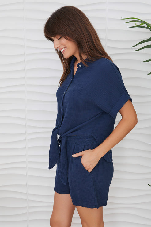 COTTON GAUZE BUTTON DOWN TIE TOP-NAVY BLUE - Kingfisher Road - Online Boutique