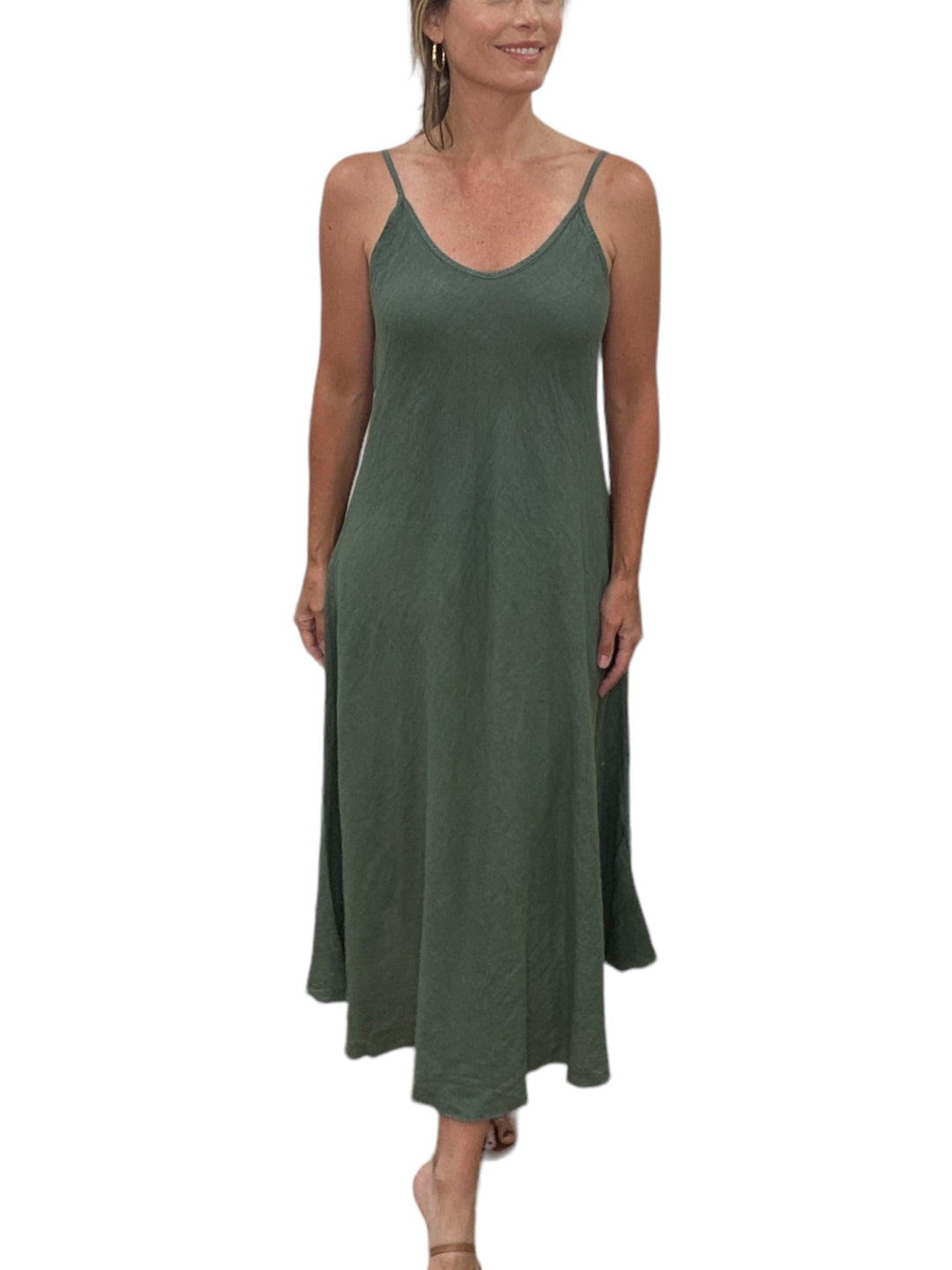 ITALIAN LINEN MAXI SLIP DRESS-ARMY GREEN - Kingfisher Road - Online Boutique