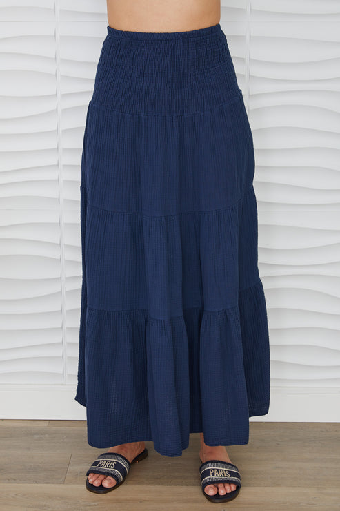 TIERED COTTON GAUZE SKIRT-NAVY BLUE - Kingfisher Road - Online Boutique