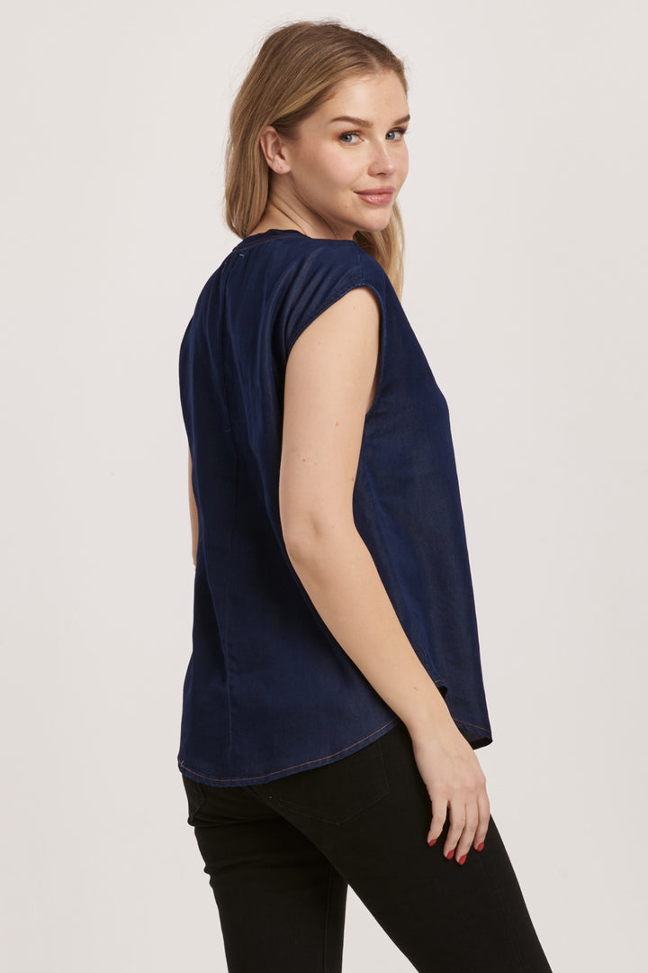 YANIS V-NECK SLEEVELESS TOP-DARK DENIM - Kingfisher Road - Online Boutique