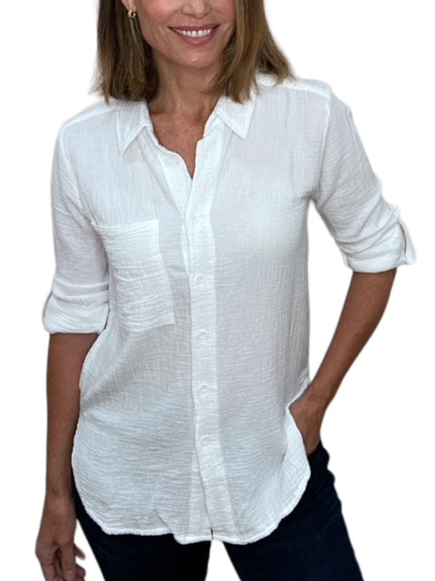 ROLL SLEEVE BUTTON FRONT COLLAR SHIRT-WHITE - Kingfisher Road - Online Boutique