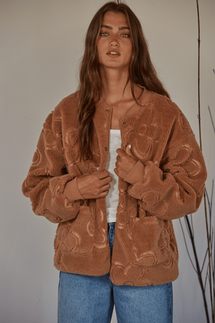 FLOWER PATTERN BUTTON DOWN JACKET-CAMEL