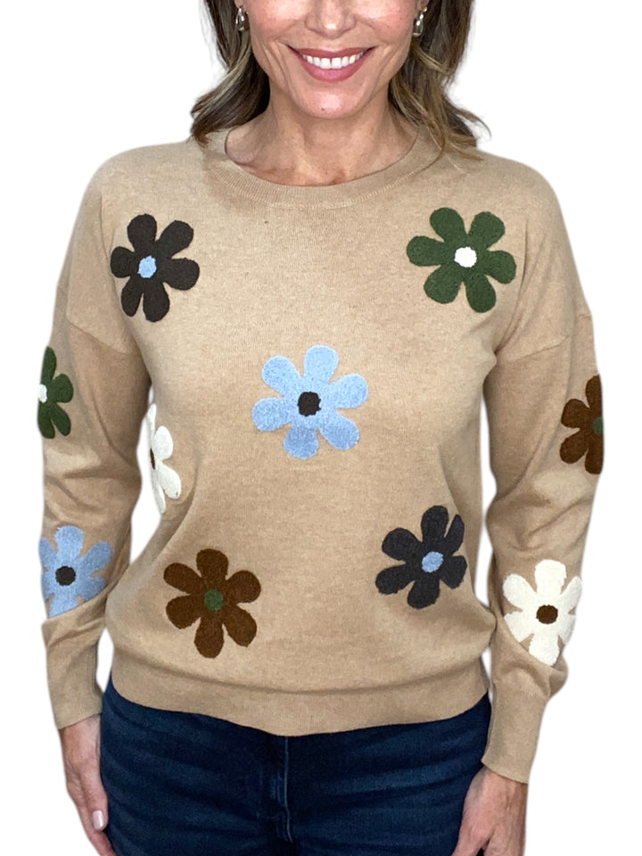 FLOWER CREW NECK SWEATER-CAMEL